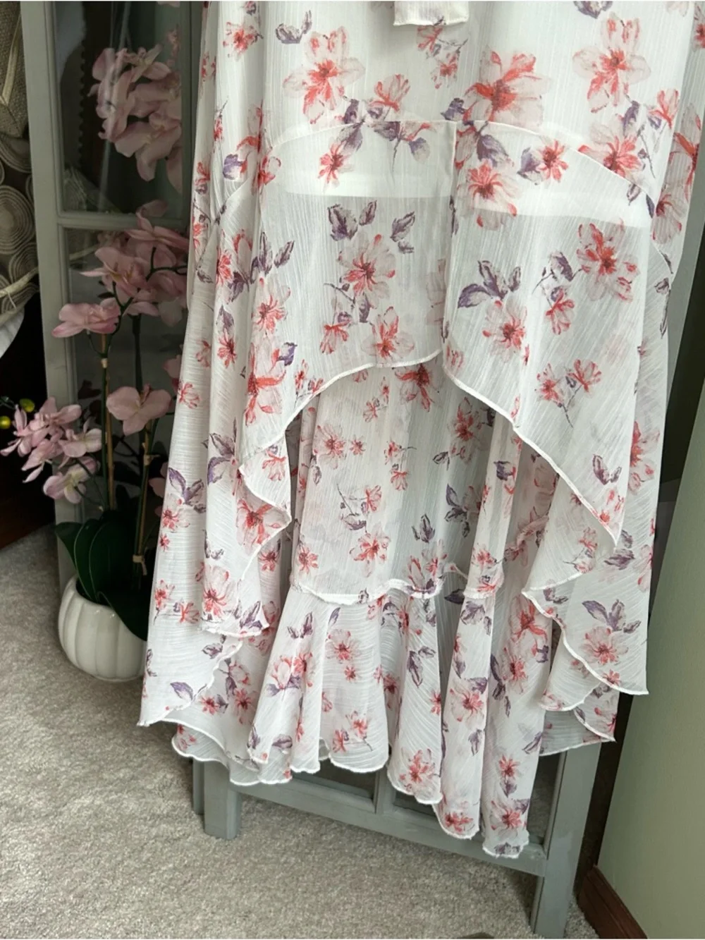 Asymmetrical High-Low Midi Dress Flutter Sleeves Ruffles Pink White Floral Sz XL - Picture 4 of 9